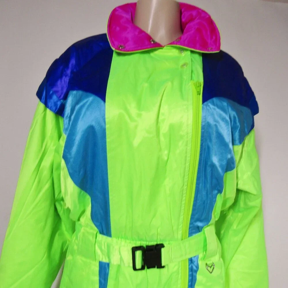 VTG OBERMEYER Snow Ski Suit One Piece NEON Insulated 80s Rad Clown Gaper Day 10 - Picture 2 of 13